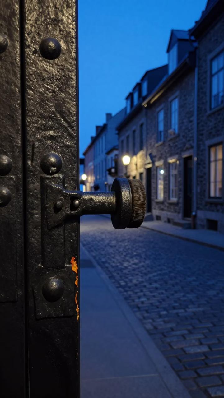 Twilight Street Scene in Quebec City with Iron Deadbolt and Brushed Steel Stool in in Quebec City, Quebec, Canada