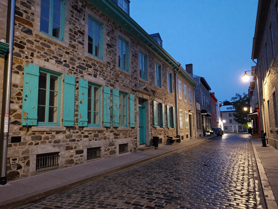 Twilight Street Scene in Quebec City with Peeling Turquoise Paint and Water Taxi in in Quebec City, Quebec, Canada