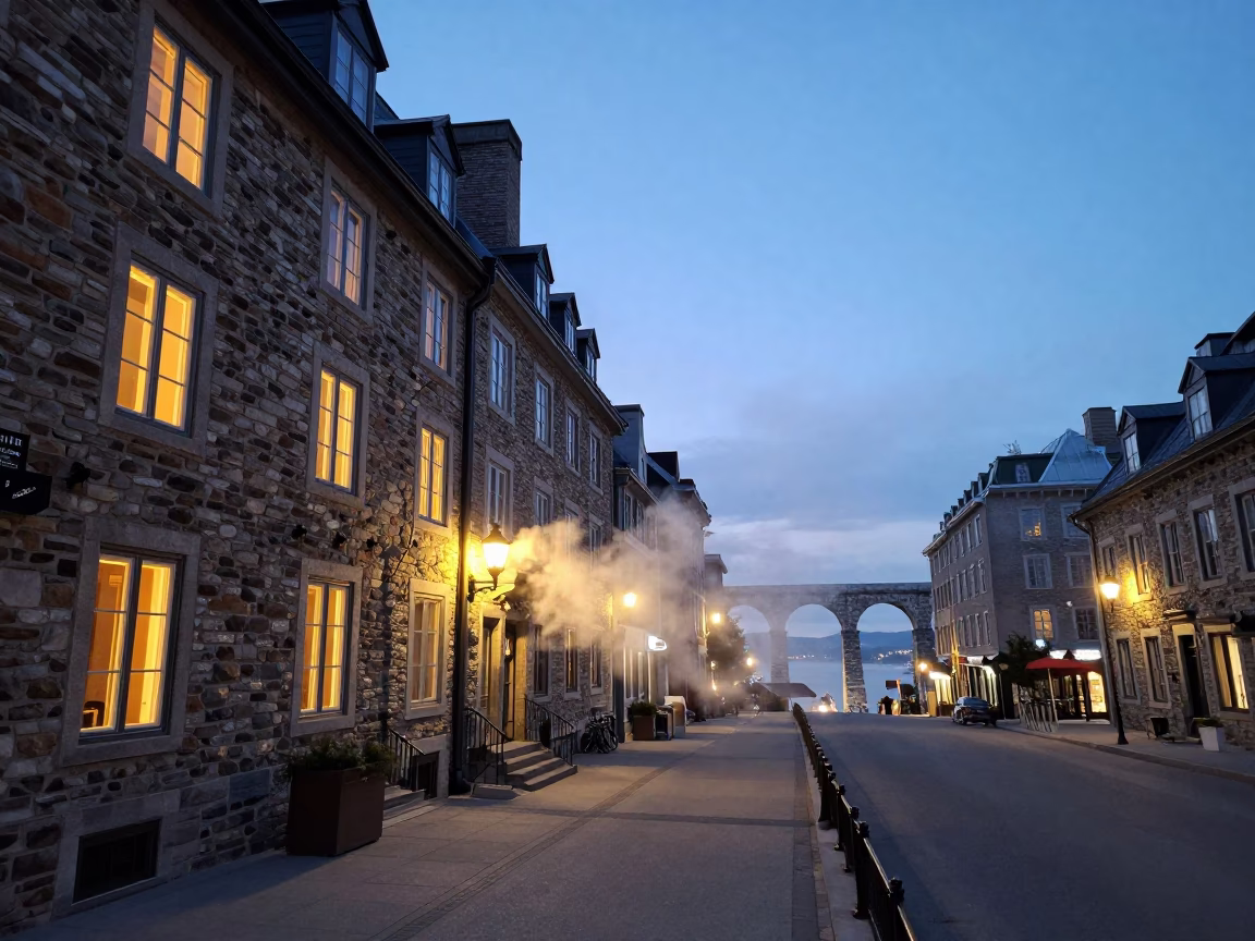 Twilight Street Scene in Quebec City with Steam and Urban Details in in Quebec City, Quebec, Canada