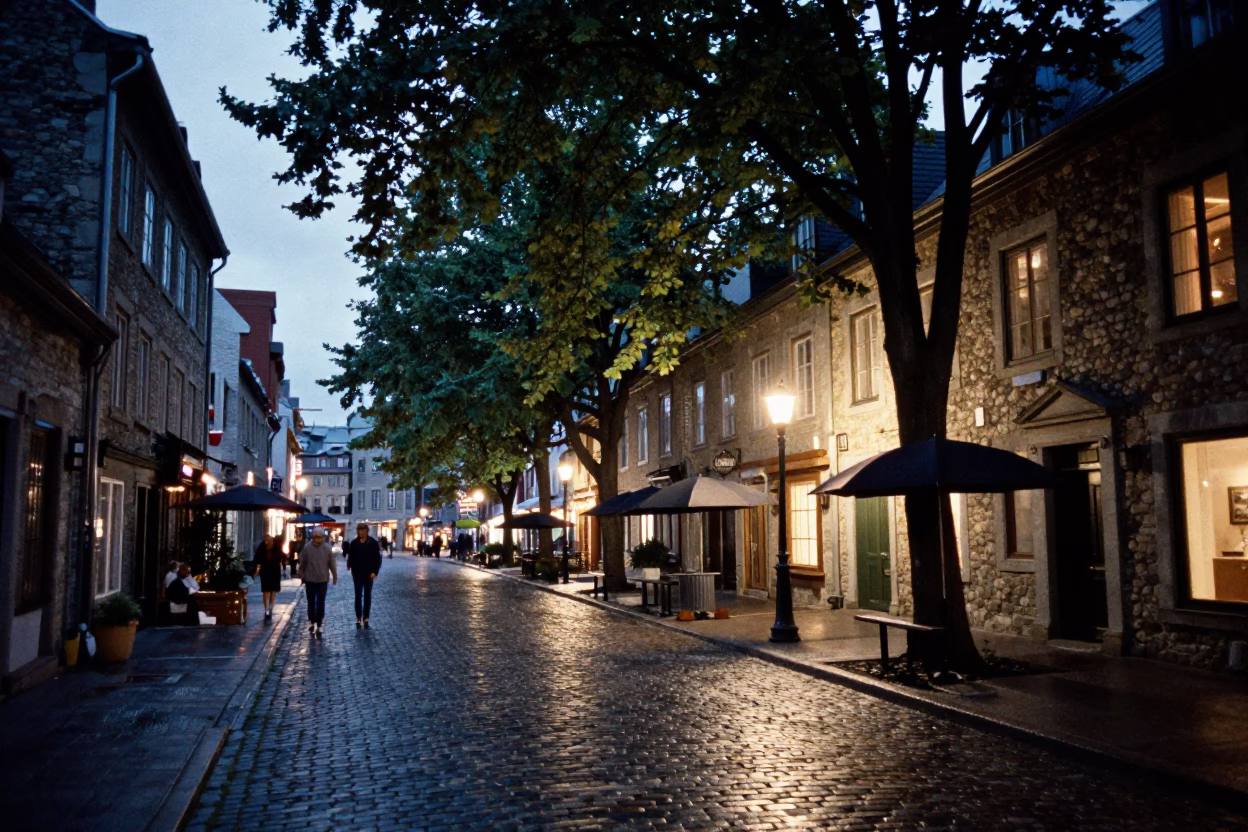 Twilight Street Scene in Quebec City with Umbrellas and Trees in in Quebec City, Quebec, Canada