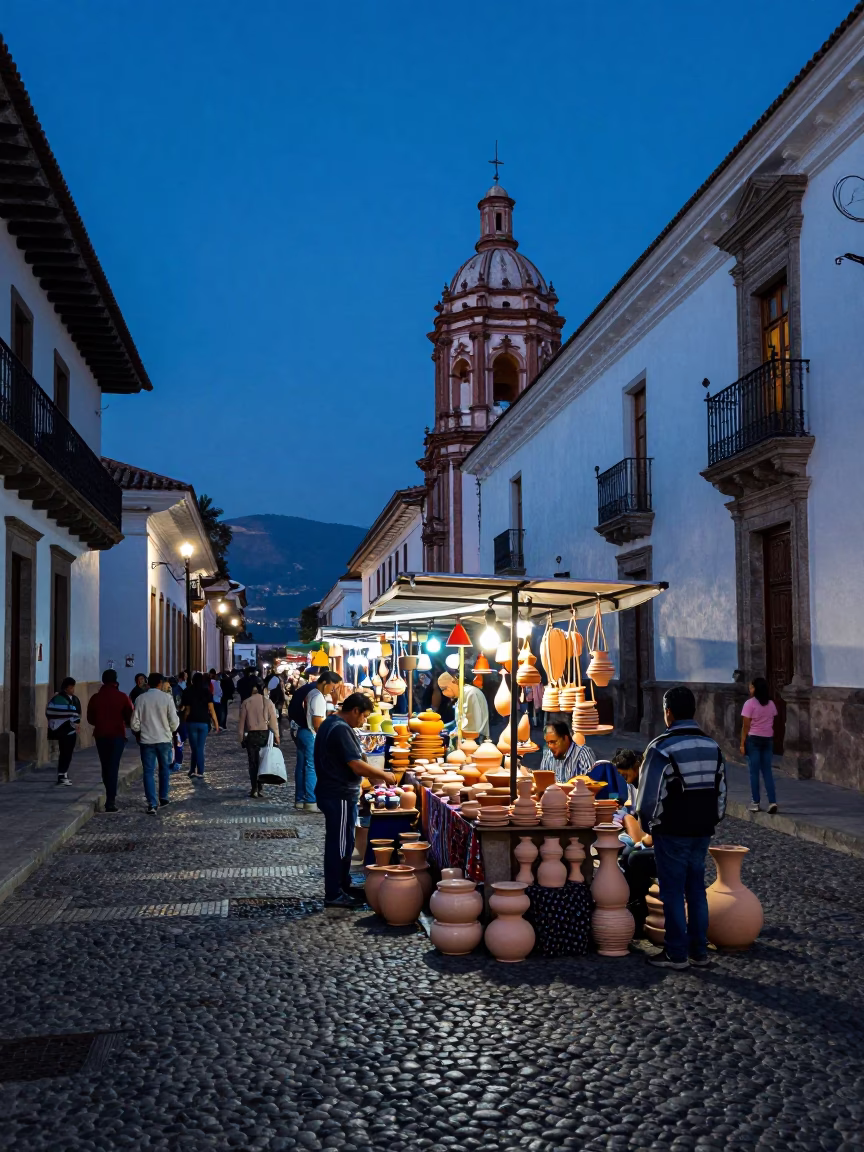 Twilight Street Scene in Quito Ecuador Featuring Pottery Market Stacked Wares and Local Commerce in in Quito, Ecuador