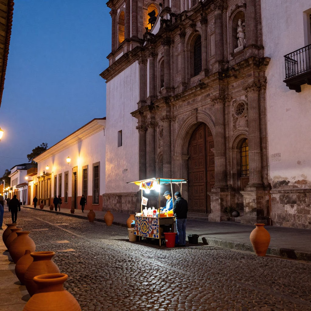Twilight Street Scene in Quito Ecuador With Clay Pots and Mosaic Tiles in in Quito, Ecuador