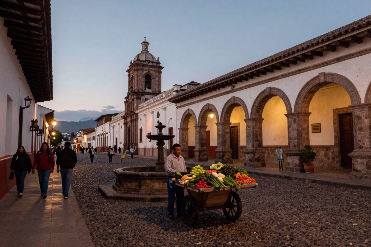 Twilight Street Scene in Quito Ecuador with Colonial Architecture and Local Activity in in Quito, Ecuador