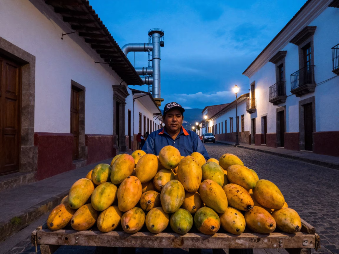 Twilight Street Scene in Quito Ecuador with District Heating Pipes and Mangoes in in Quito, Ecuador