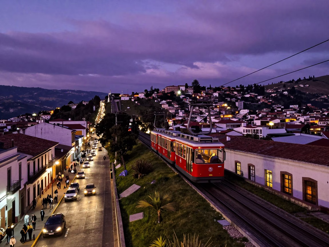 Twilight Street Scene in Quito Ecuador with Funicular and Local Activity in in Quito, Ecuador