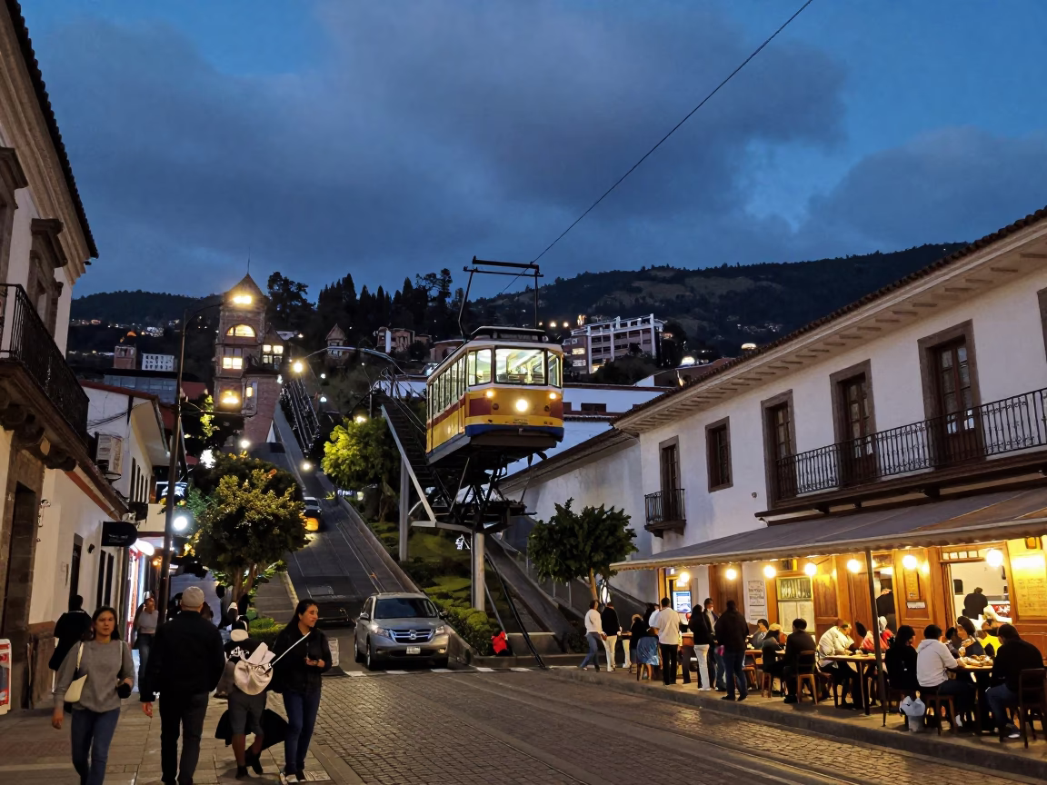 Twilight Street Scene in Quito Ecuador with Funicular and Local Dining in in Quito, Ecuador