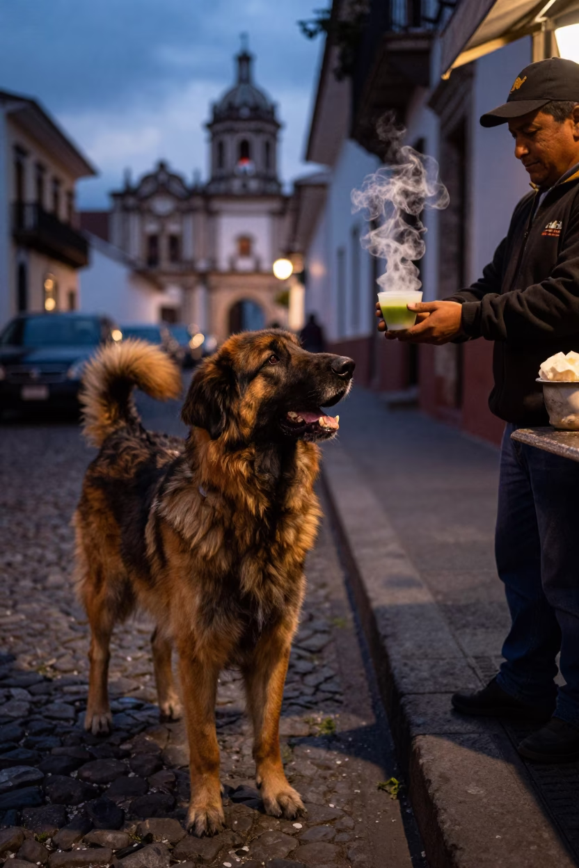 Twilight street scene in Quito Ecuador with Leonberger dog and steaming tea in in Quito, Ecuador