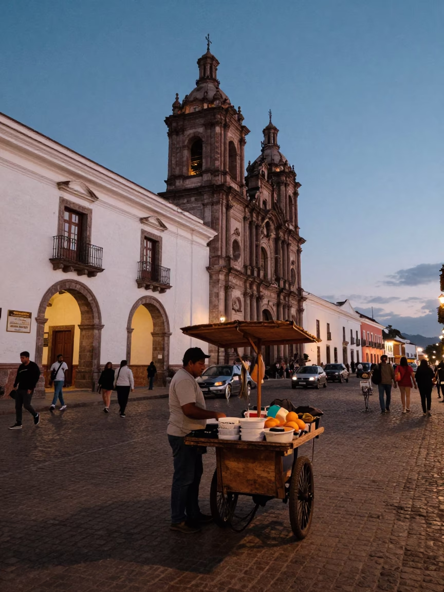 Twilight street scene in Quito Ecuador with local vendor and hanging laundry in in Quito, Ecuador
