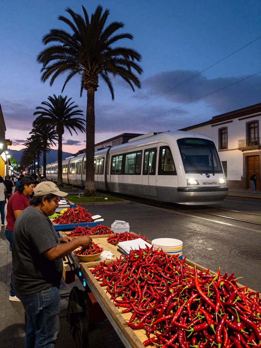 Twilight Street Scene in Quito Ecuador with Monorail and Chili Peppers in in Quito, Ecuador