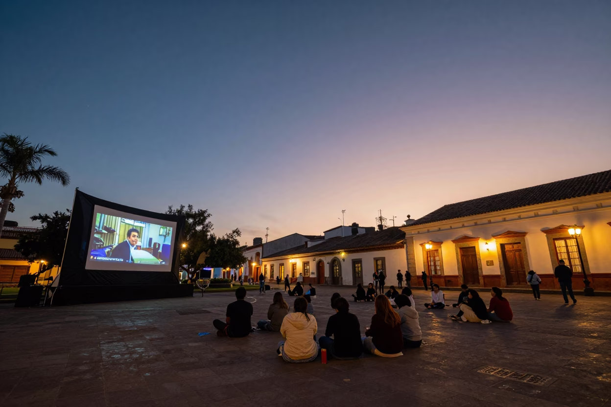 Twilight Street Scene in Quito Ecuador with Outdoor Cinema and Local Life in in Quito, Ecuador