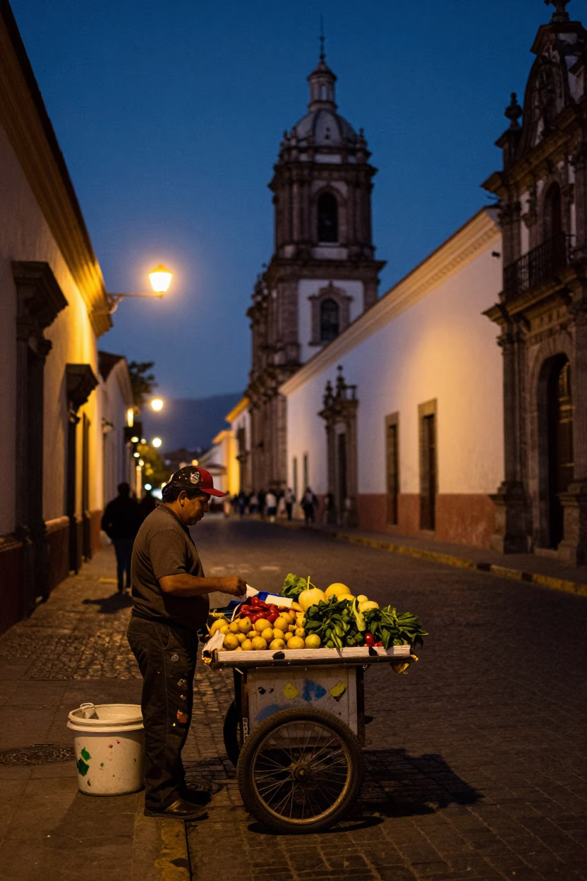 Twilight Street Scene in Quito Ecuador with Paint Flecks on Pot Lid in in Quito, Ecuador