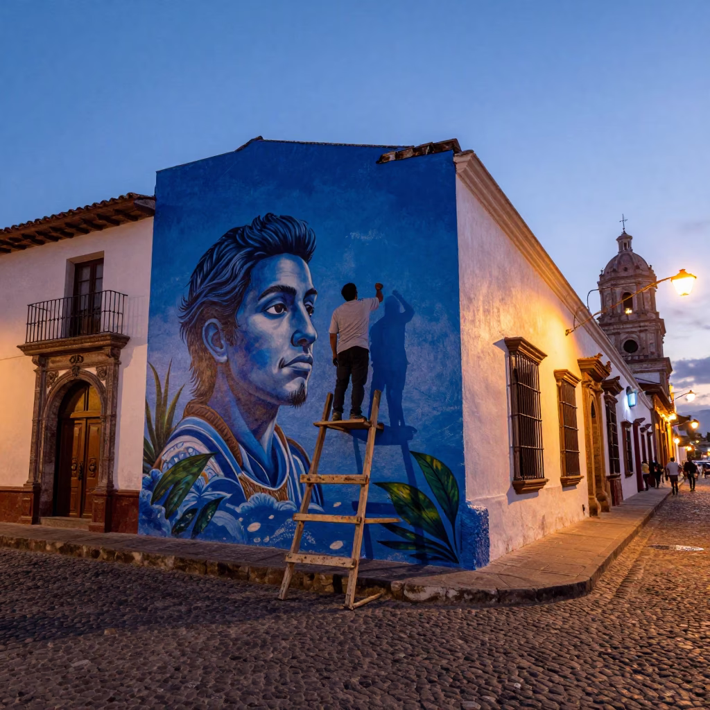 Twilight Street Scene in Quito Ecuador With Painter and Mural Art in in Quito, Ecuador
