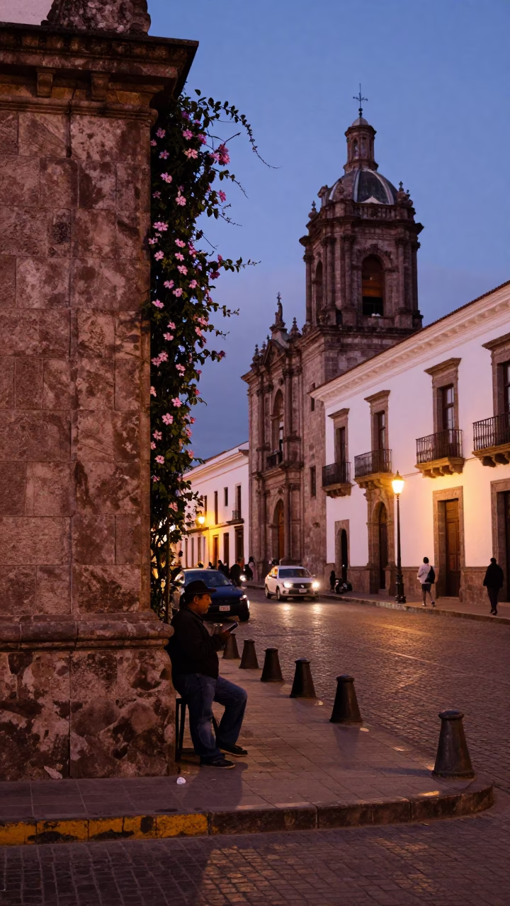 Twilight Street Scene in Quito Ecuador with Stone Architecture and Local Life in in Quito, Ecuador