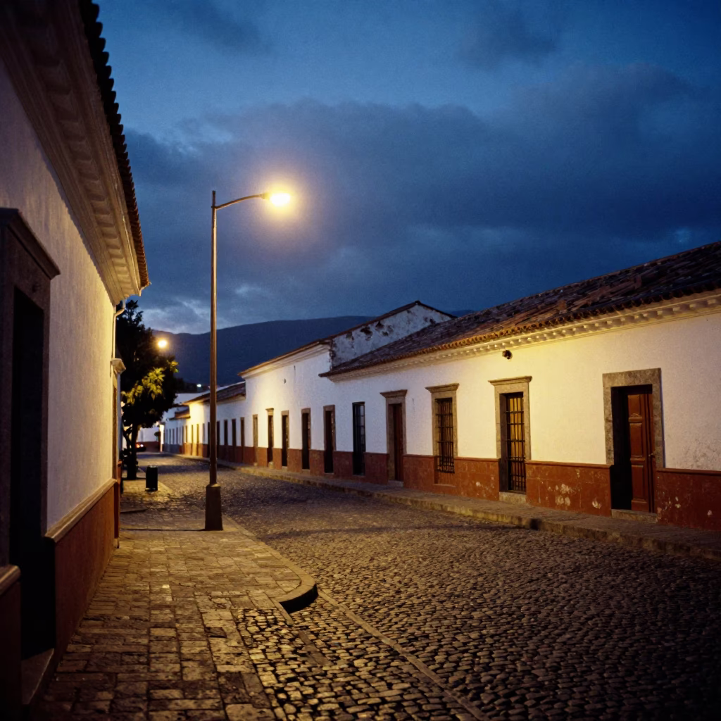 Twilight Street Scene in Quito Ecuador with Substation Glow and Local Interaction in in Quito, Ecuador
