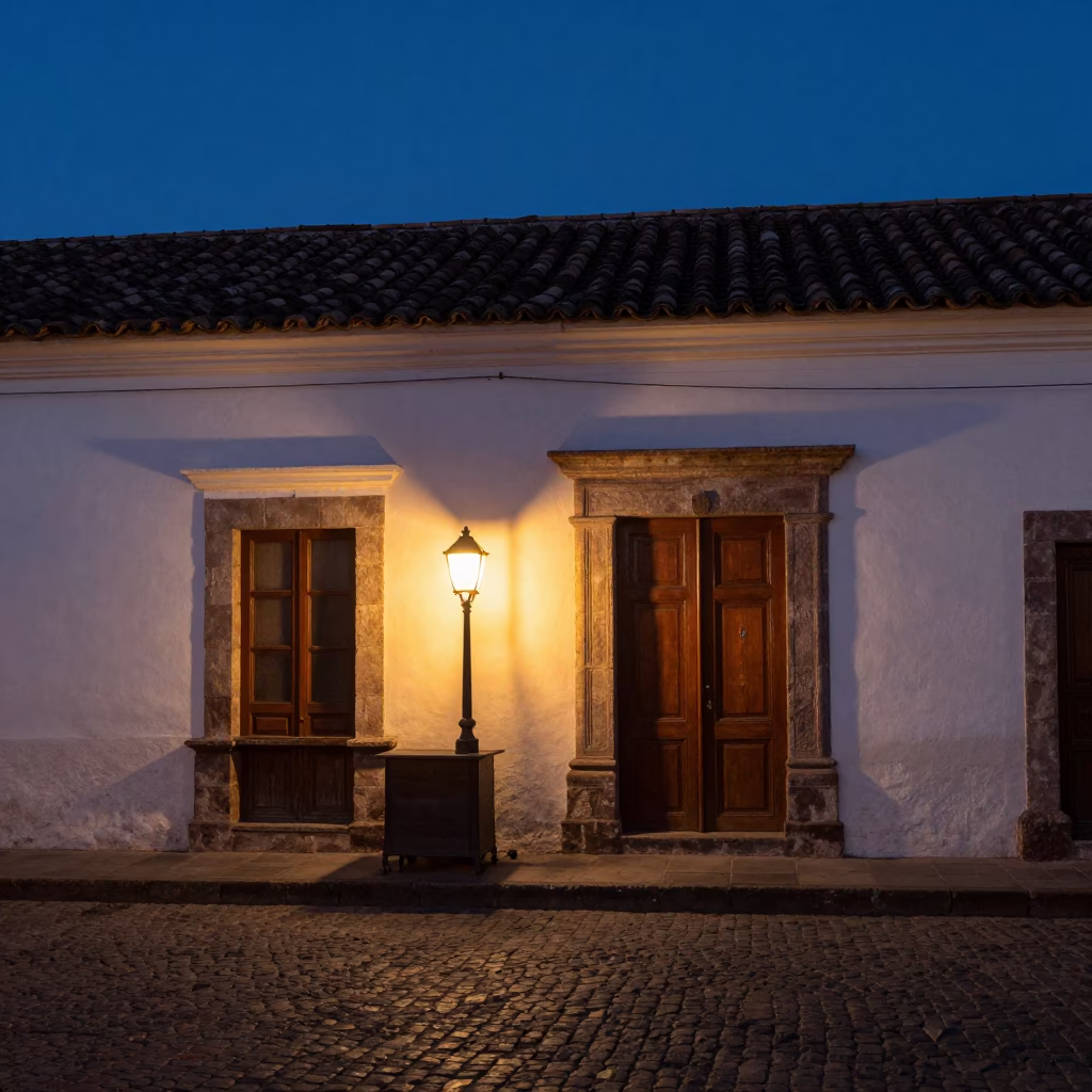 Twilight Street Scene in Quito Ecuador with Table Lamp and Door Handle in in Quito, Ecuador
