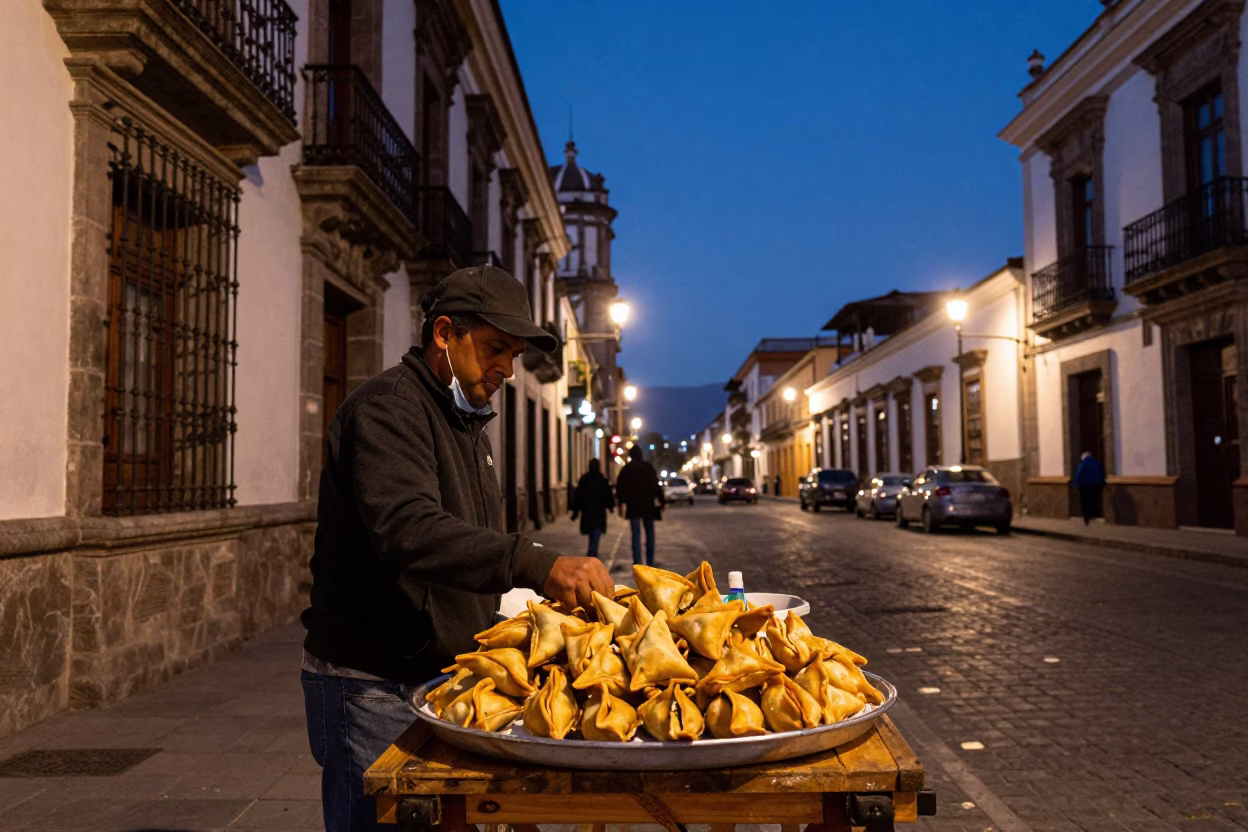 Twilight Street Scene in Quito Ecuador with Traditional Food and Urban Architecture in in Quito, Ecuador
