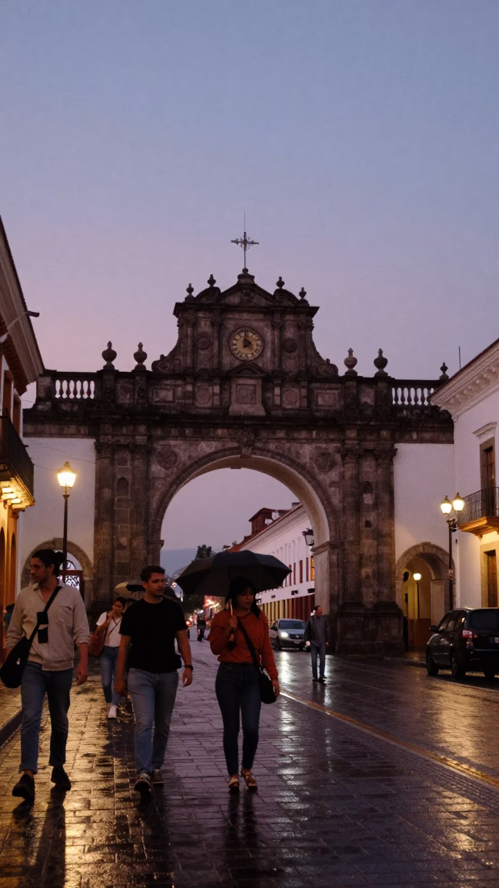 Twilight Street Scene in Quito Ecuador with University Archway and Wet Bicycle Rack in in Quito, Ecuador