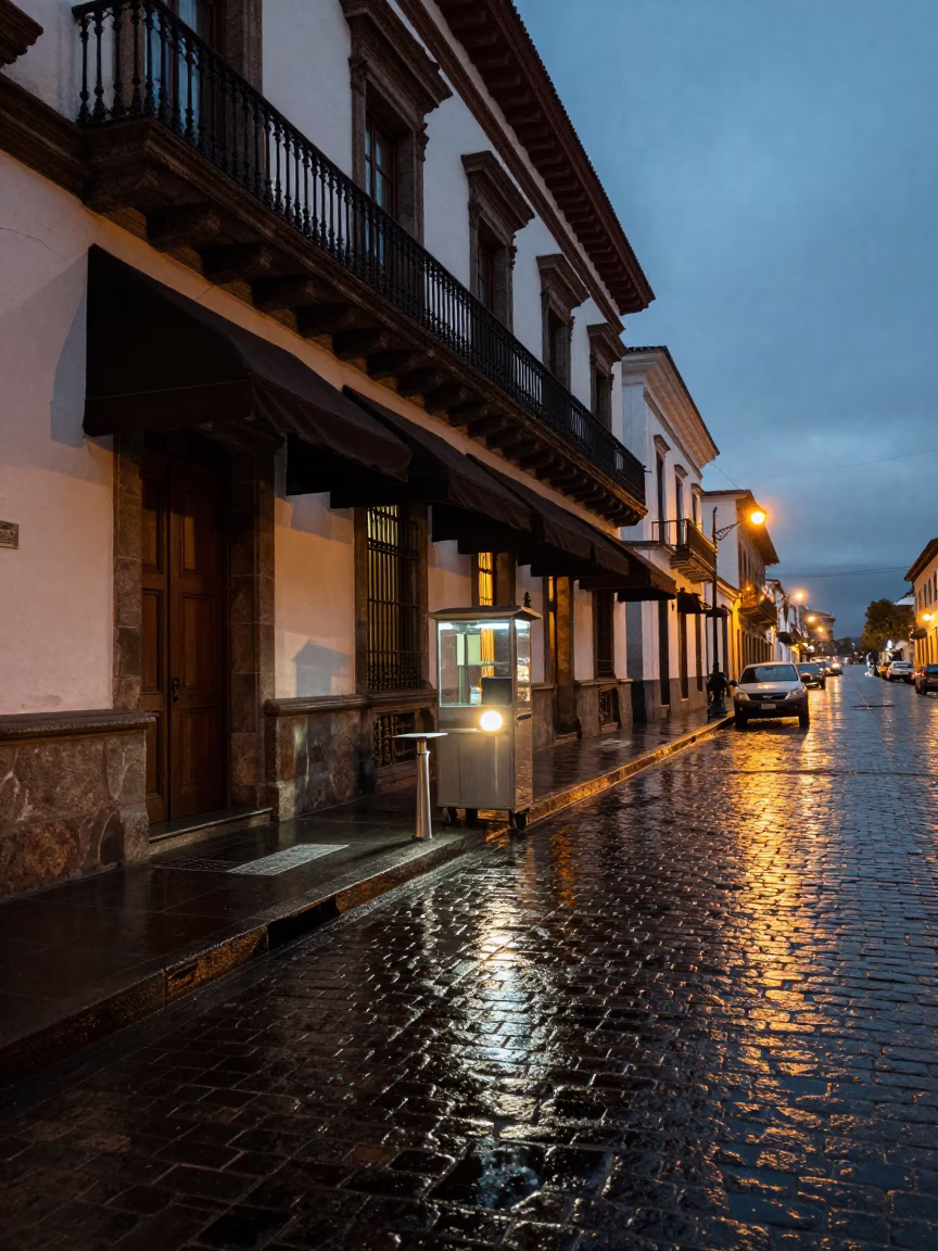 Twilight Street Scene in Quito Ecuador with Valet Stand and Headlight Streaks in in Quito, Ecuador