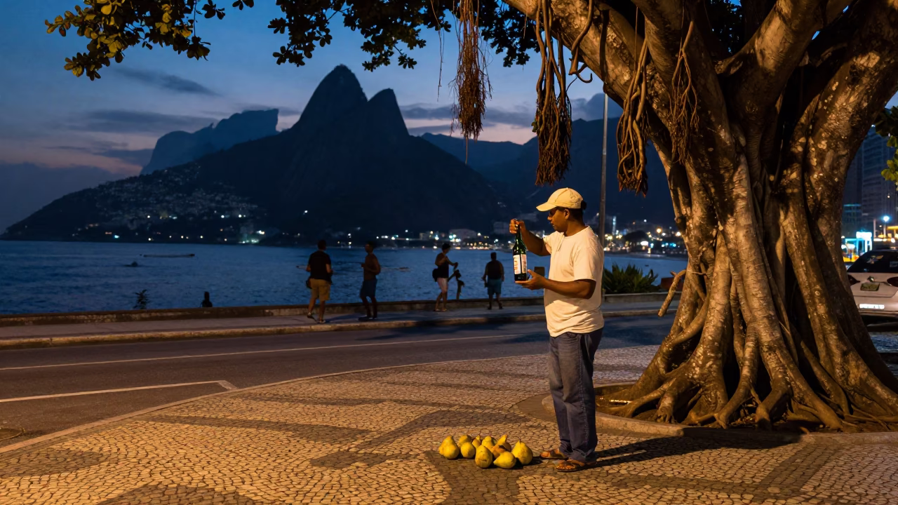 Twilight Street Scene in Rio de Janeiro Brazil with Bottle and Pears in in Rio de Janeiro, Brazil