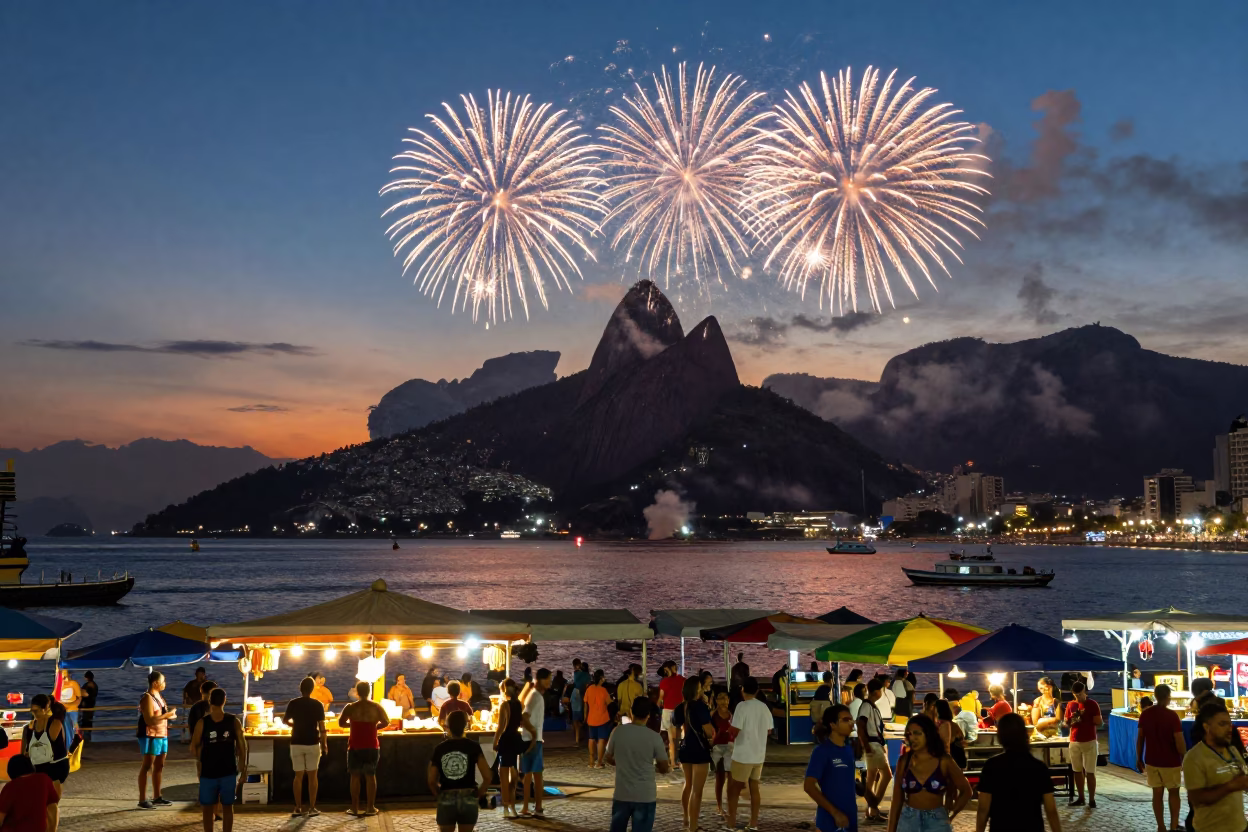 Twilight Street Scene in Rio de Janeiro Brazil with Fireworks Over Harbor in in Rio de Janeiro, Brazil