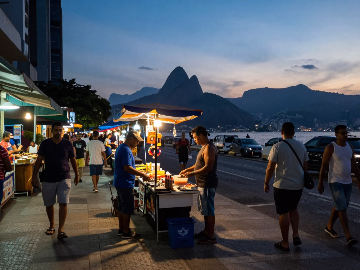 Twilight Street Scene in Rio de Janeiro Brazil with Local Vendors and Pedestrians in in Rio de Janeiro, Brazil