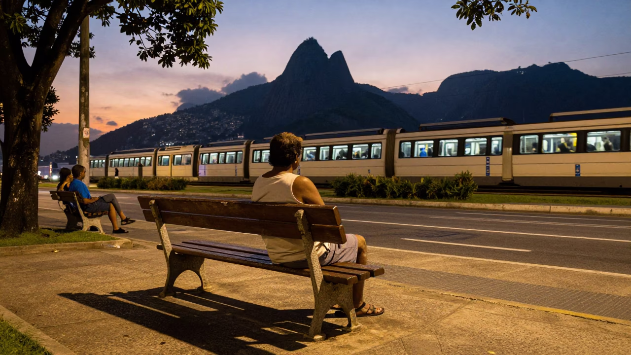 Twilight Street Scene in Rio de Janeiro Brazil with Park Bench and Monorail Overhead in in Rio de Janeiro, Brazil