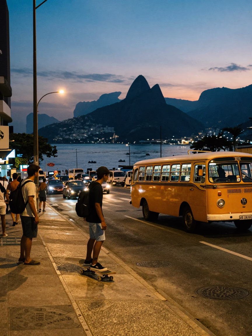 Twilight Street Scene in Rio de Janeiro Brazil with Skateboarder and Vintage Bus in in Rio de Janeiro, Brazil