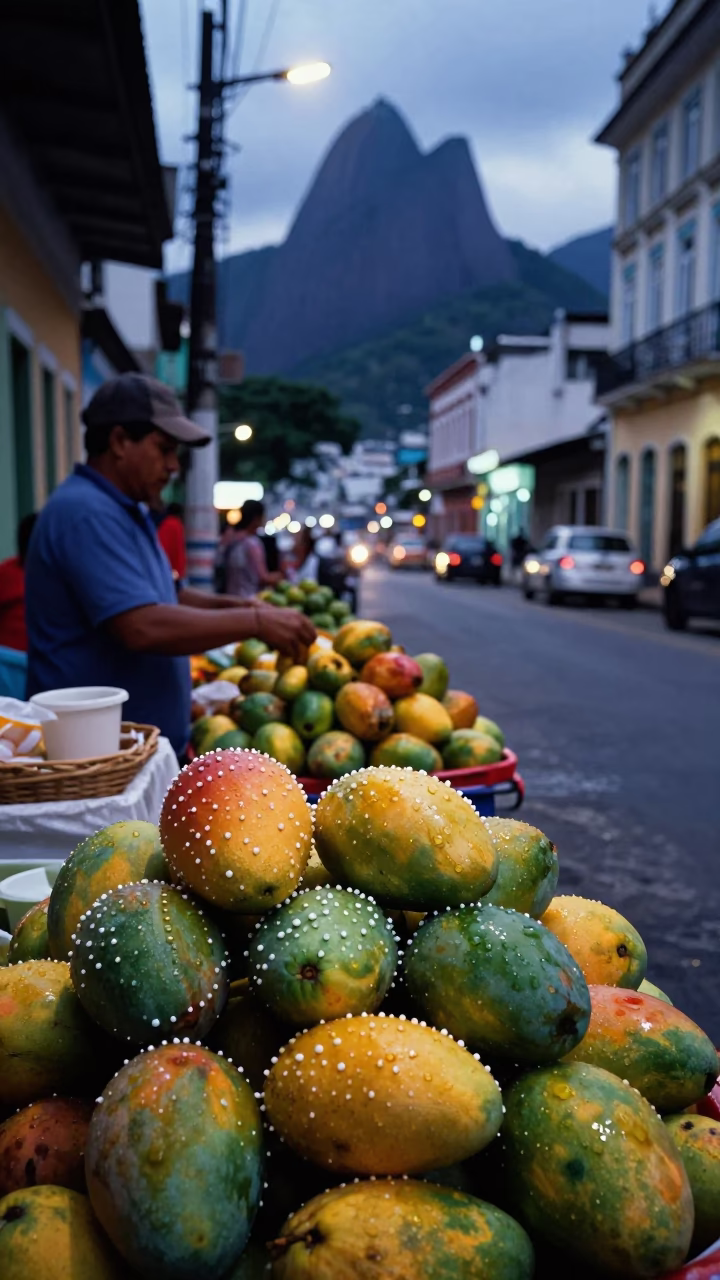 Twilight Street Scene in Rio de Janeiro with Beaded Fruit and Local Vendor Interaction in in Rio de Janeiro, Brazil