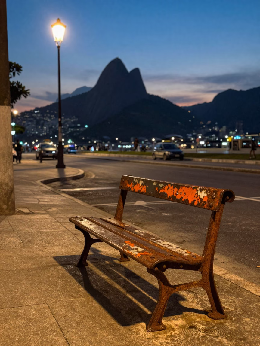 Twilight Street Scene in Rio de Janeiro with Lantern and Rusty Bench in in Rio de Janeiro, Brazil