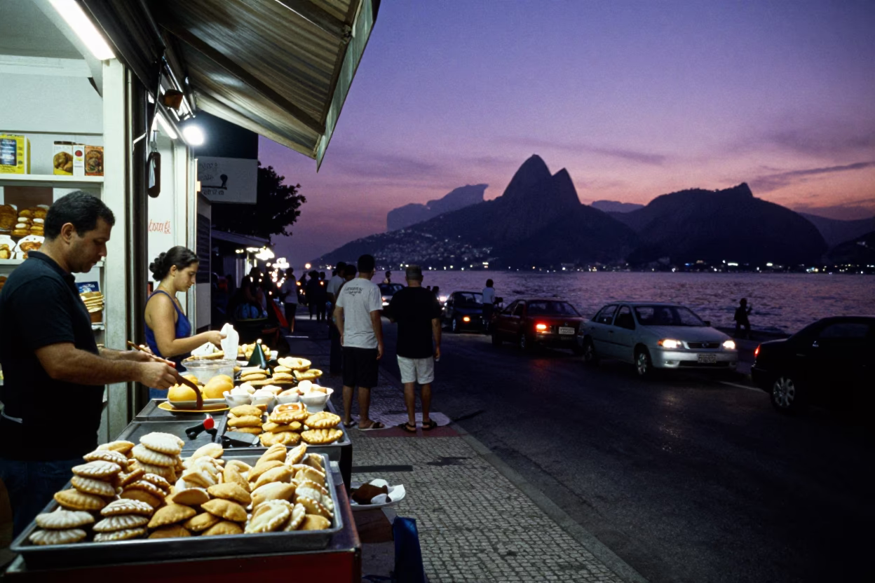 Twilight Street Scene in Rio de Janeiro with Pastries and Hand Tool in in Rio de Janeiro, Brazil