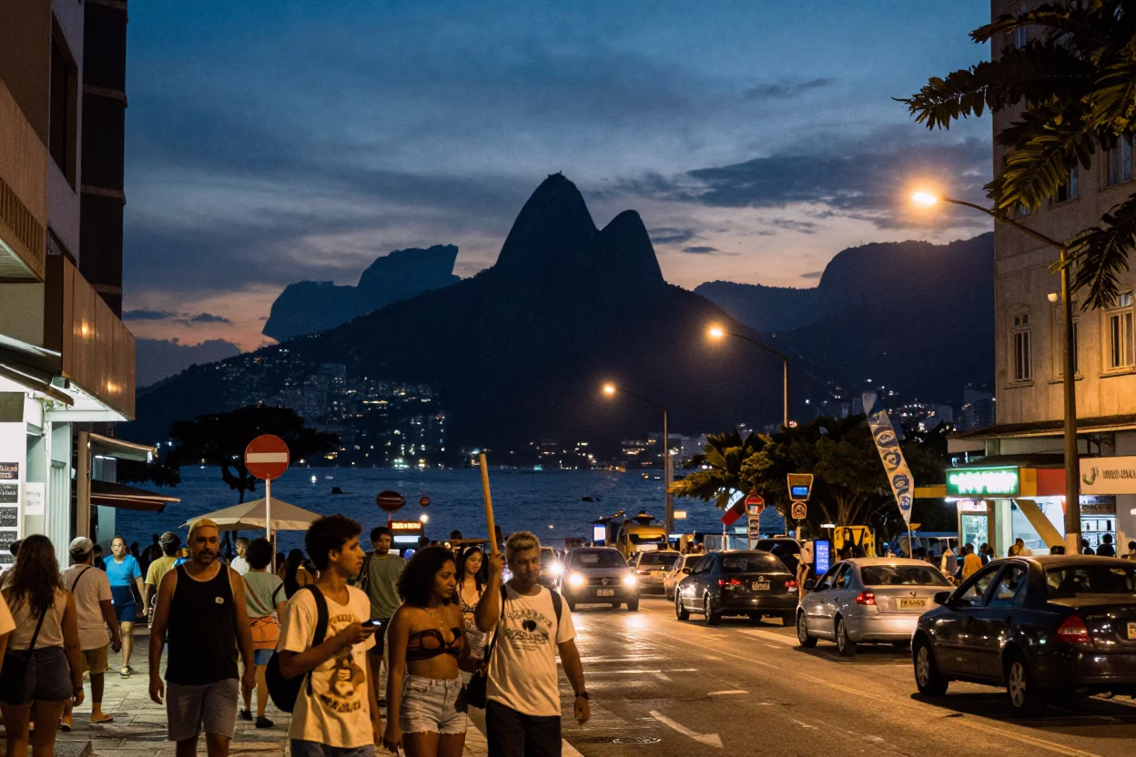 Twilight Street Scene in Rio de Janeiro with Vintage 1970s Atmosphere and Local Life in in Rio de Janeiro, Brazil