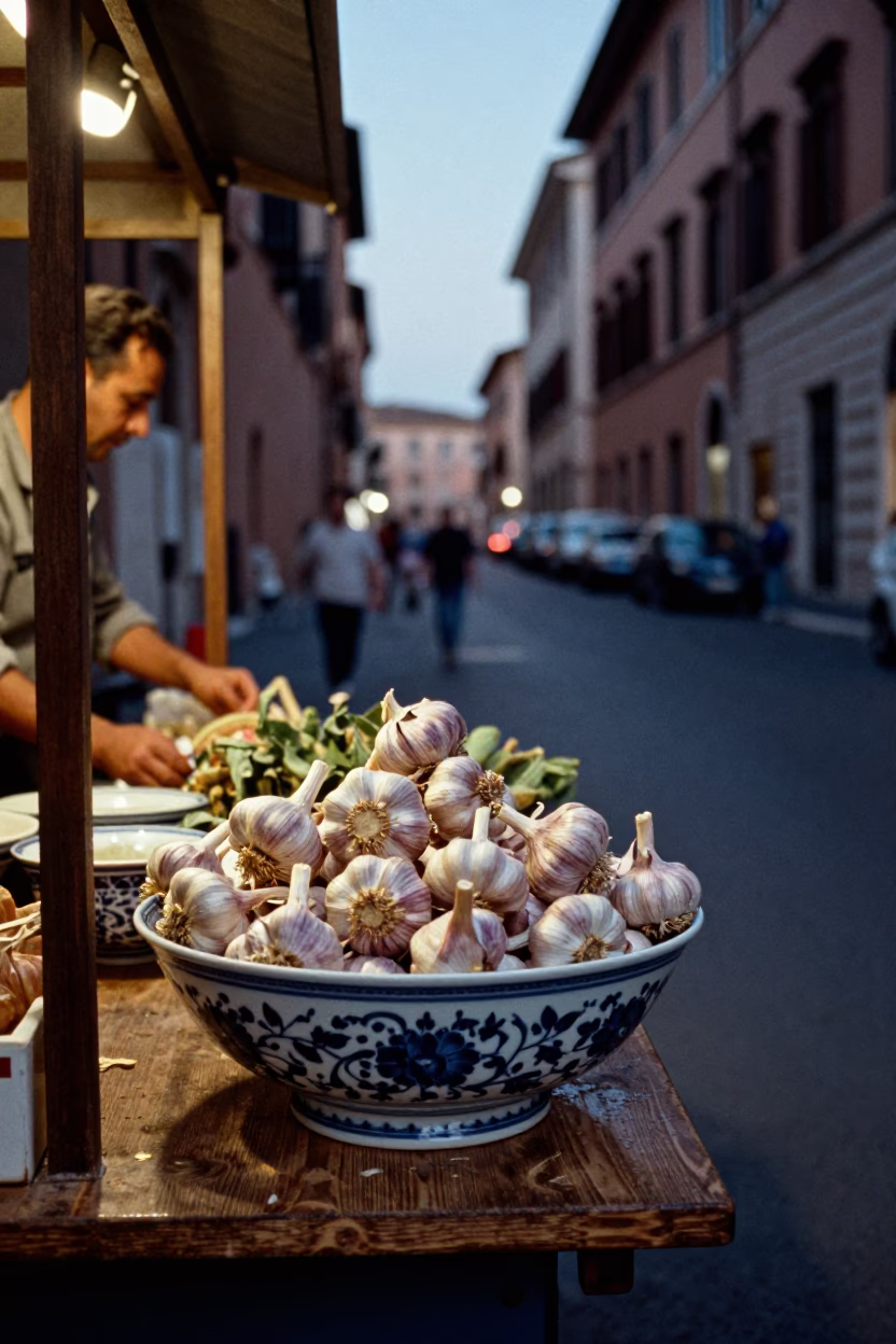 Twilight Street Scene in Rome Italy with Blue White Porcelain Bowl and Garlic Bulbs in in Rome, Italy