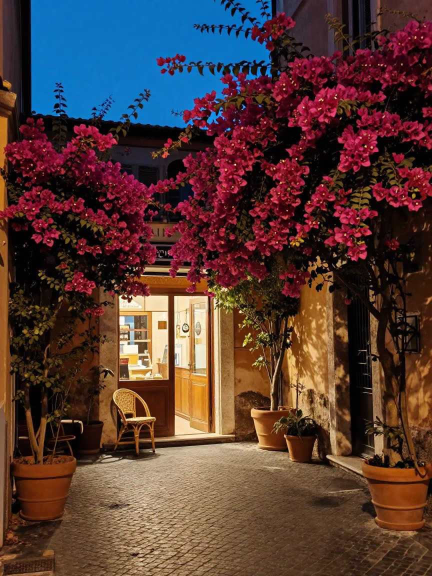 Twilight Street Scene in Rome Italy with Bougainvillea and Rattan Chair in in Rome, Italy