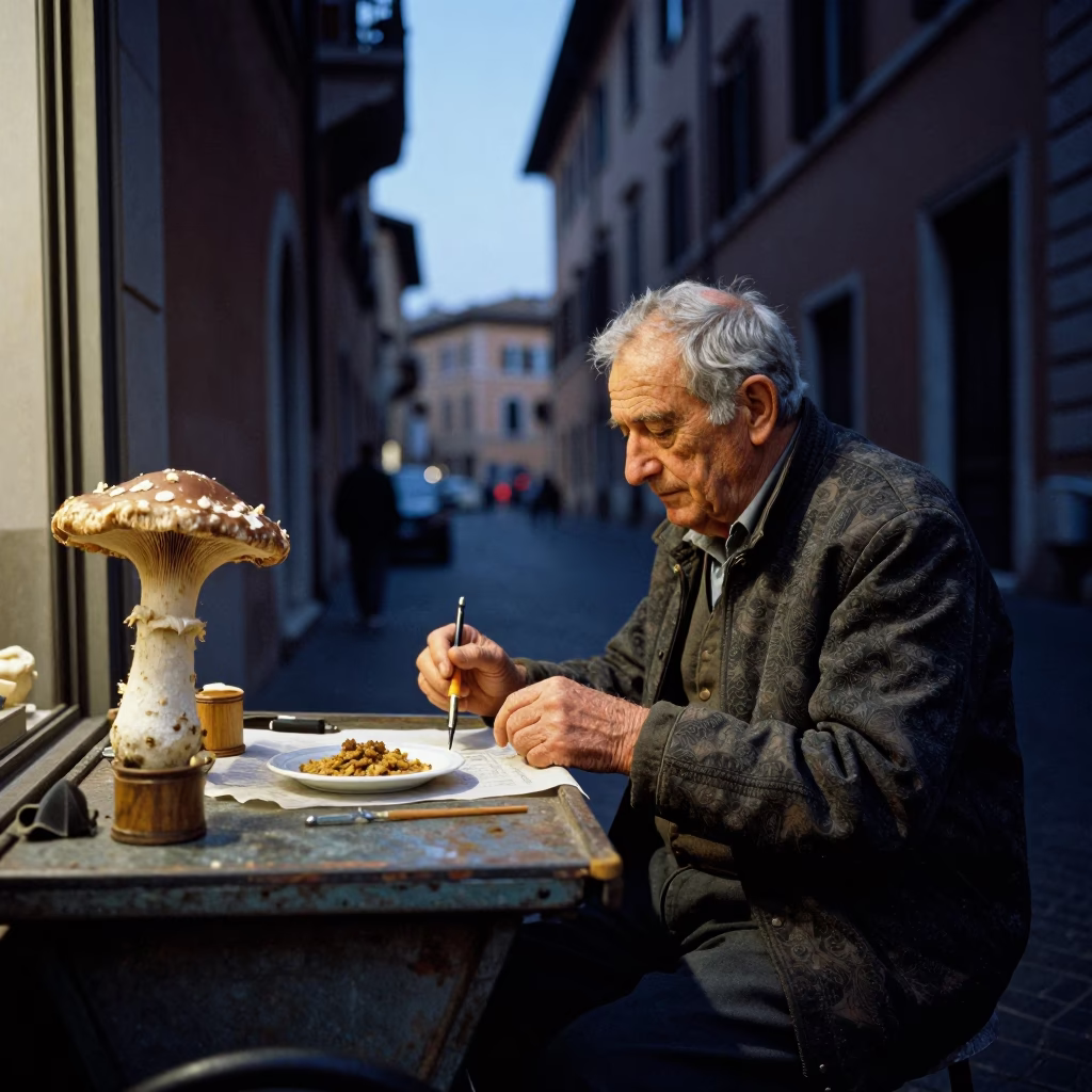 Twilight Street Scene in Rome Italy with Darning Mushroom and Dip Pen on Cobblestone in in Rome, Italy
