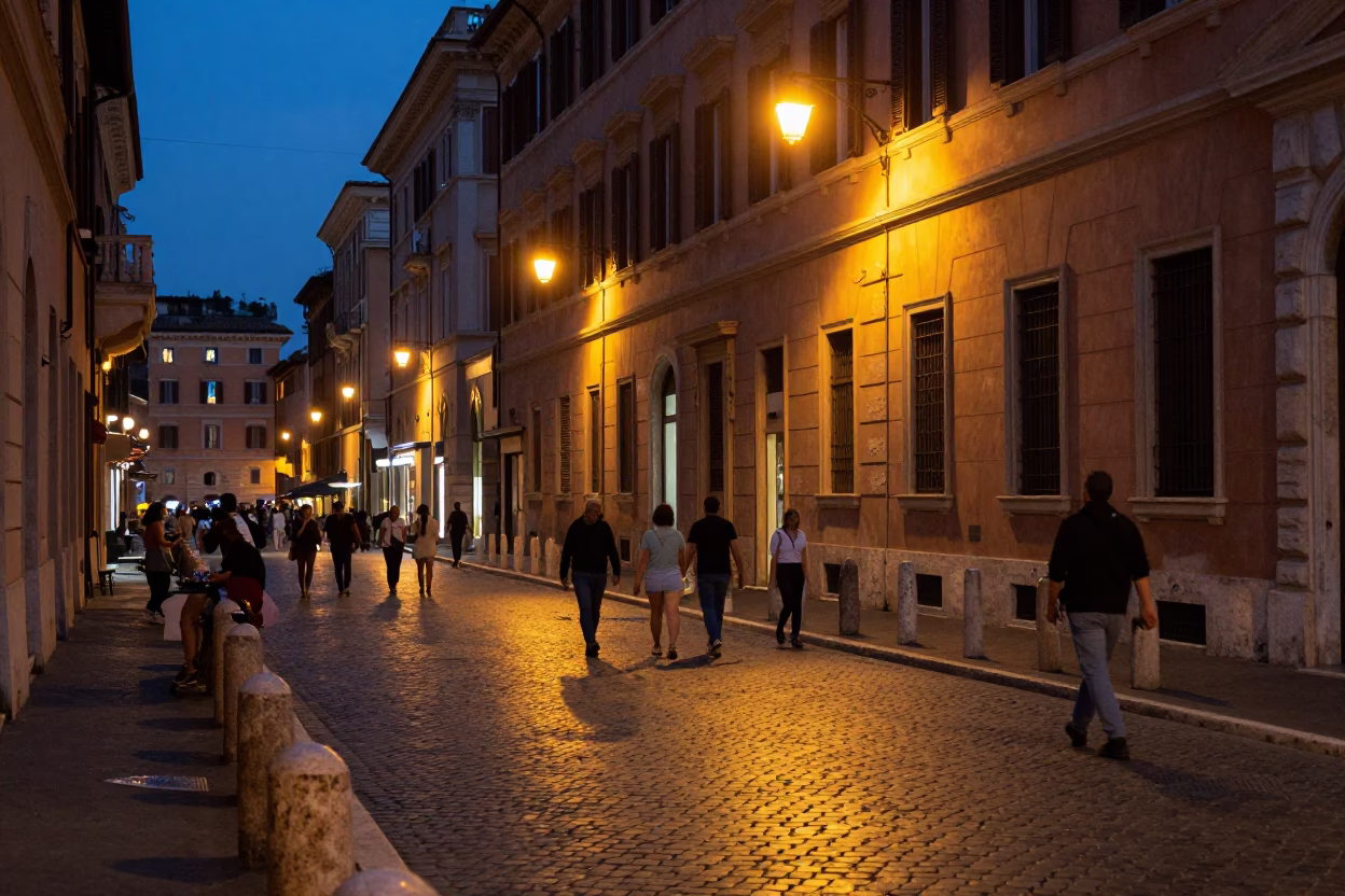 Twilight Street Scene in Rome Italy with Figs and Urban Life in in Rome, Italy
