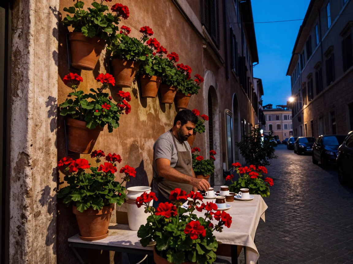 Twilight street scene in Rome Italy with geraniums and Turkish coffee cup in in Rome, Italy