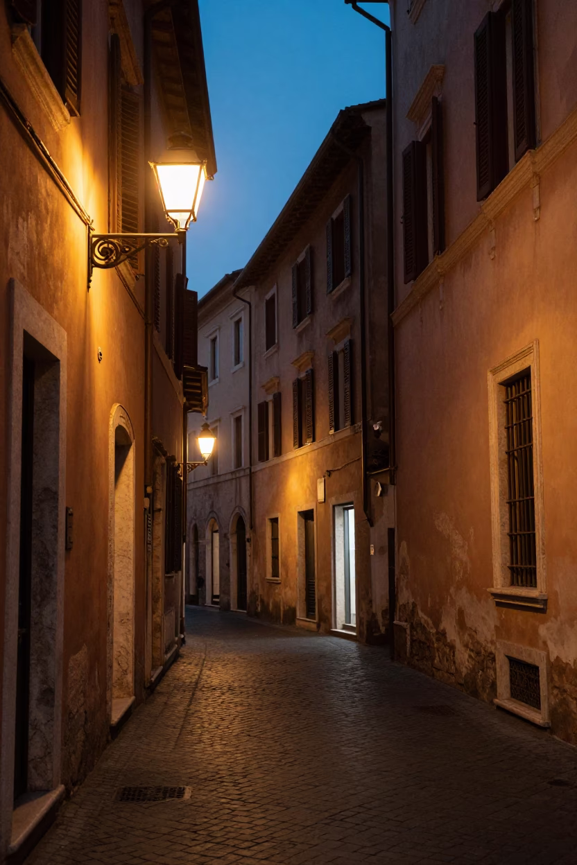 Twilight Street Scene in Rome Italy with Hurricane Lamp and Evening Ambiance in in Rome, Italy