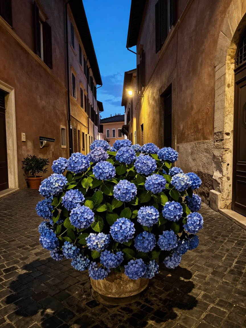 Twilight street scene in Rome Italy with hydrangeas and historic architecture in in Rome, Italy