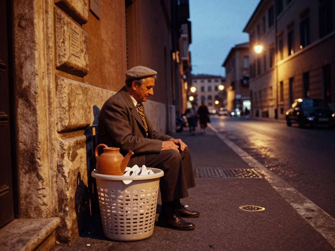 Twilight Street Scene in Rome Italy with Laundry Basket and Watering Jug in in Rome, Italy