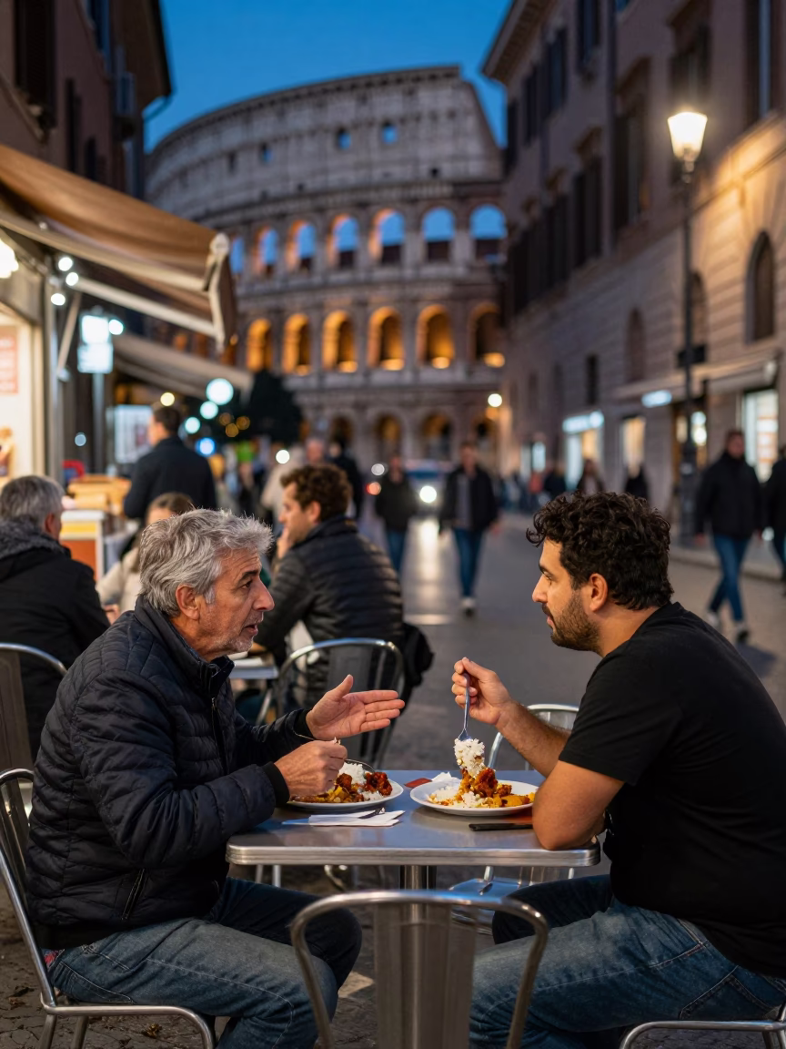 Twilight Street Scene in Rome Italy with Local Diners and Beaded Sandals in in Rome, Italy