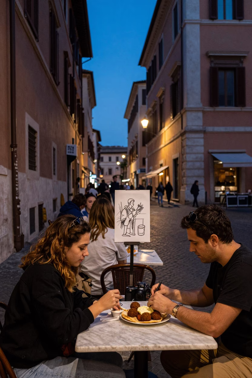 Twilight Street Scene in Rome Italy with Local Dining and Sketching in in Rome, Italy