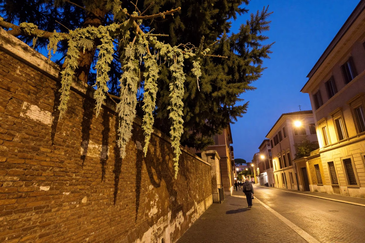 Twilight Street Scene in Rome Italy with Old Man Beard Lichen and Garden Gate in in Rome, Italy