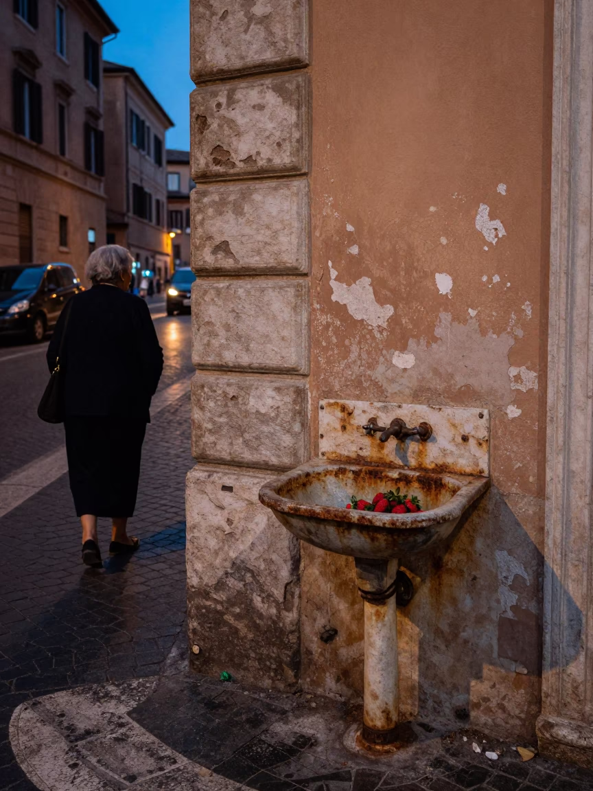 Twilight Street Scene in Rome Italy with Rusty Basin and Strawberries in in Rome, Italy