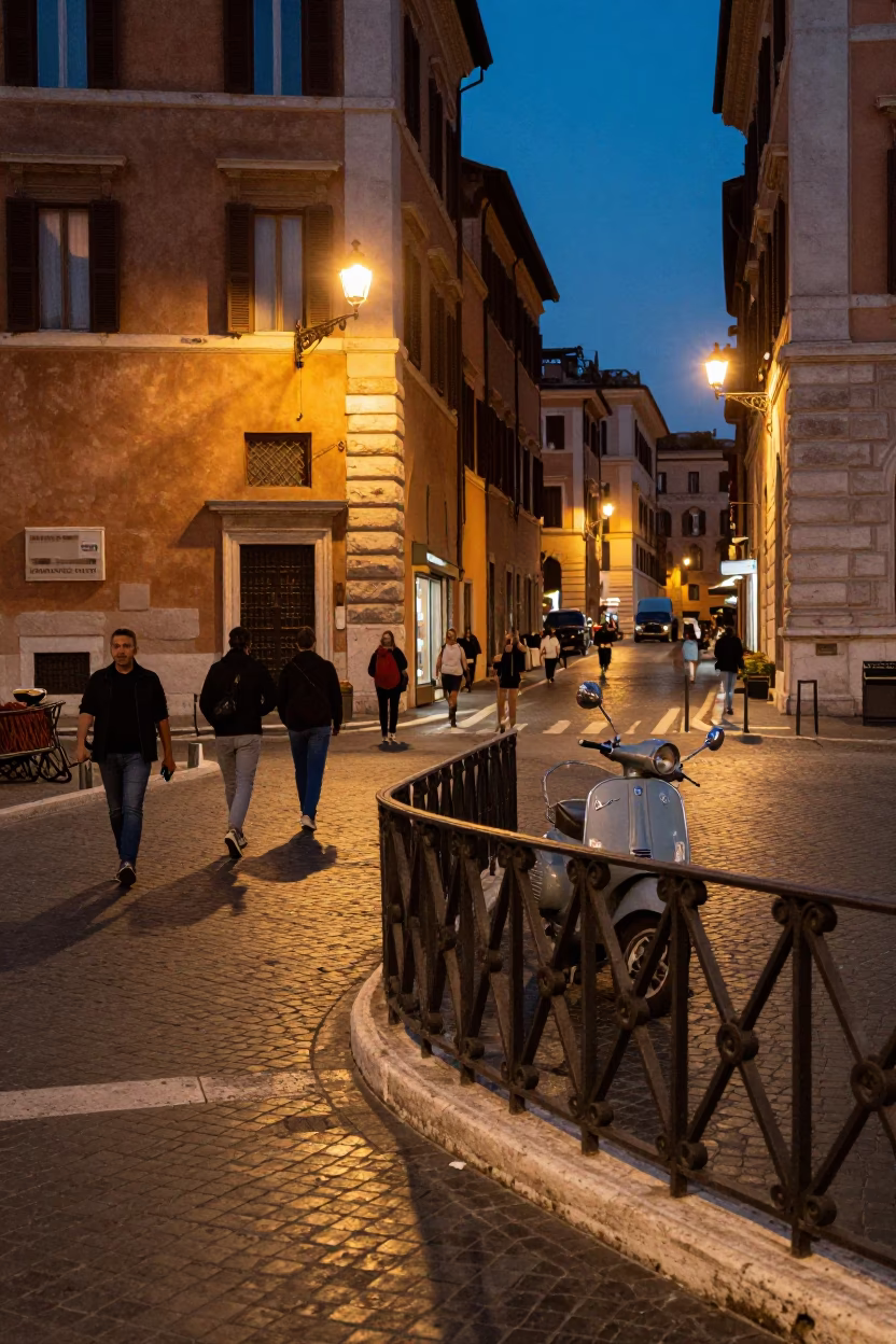 Twilight Street Scene in Rome Italy with Stair Rail and Vintage Scooter in in Rome, Italy