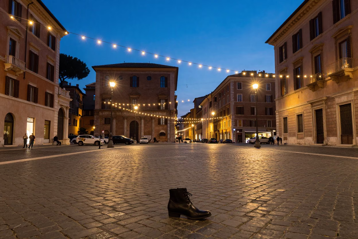 Twilight Street Scene in Rome Italy with String Lights and Shoe Brush in in Rome, Italy