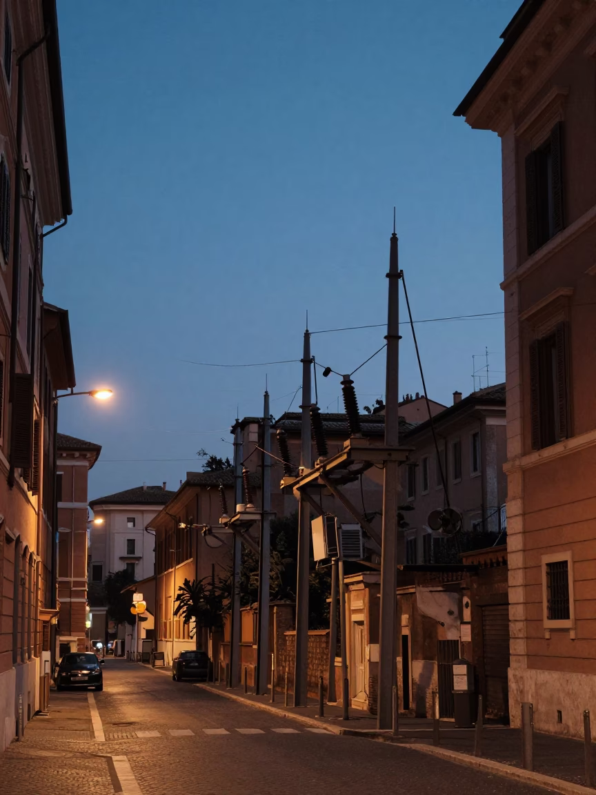 Twilight Street Scene in Rome Italy with Substation Insulators Sparkling Under Floodlights in in Rome, Italy