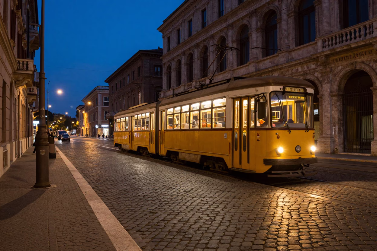 Twilight Street Scene in Rome Italy with Tram and Cobblestone Architecture in in Rome, Italy