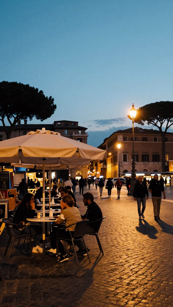 Twilight Street Scene in Rome Italy with Umbrella Stand and Local Life in in Rome, Italy