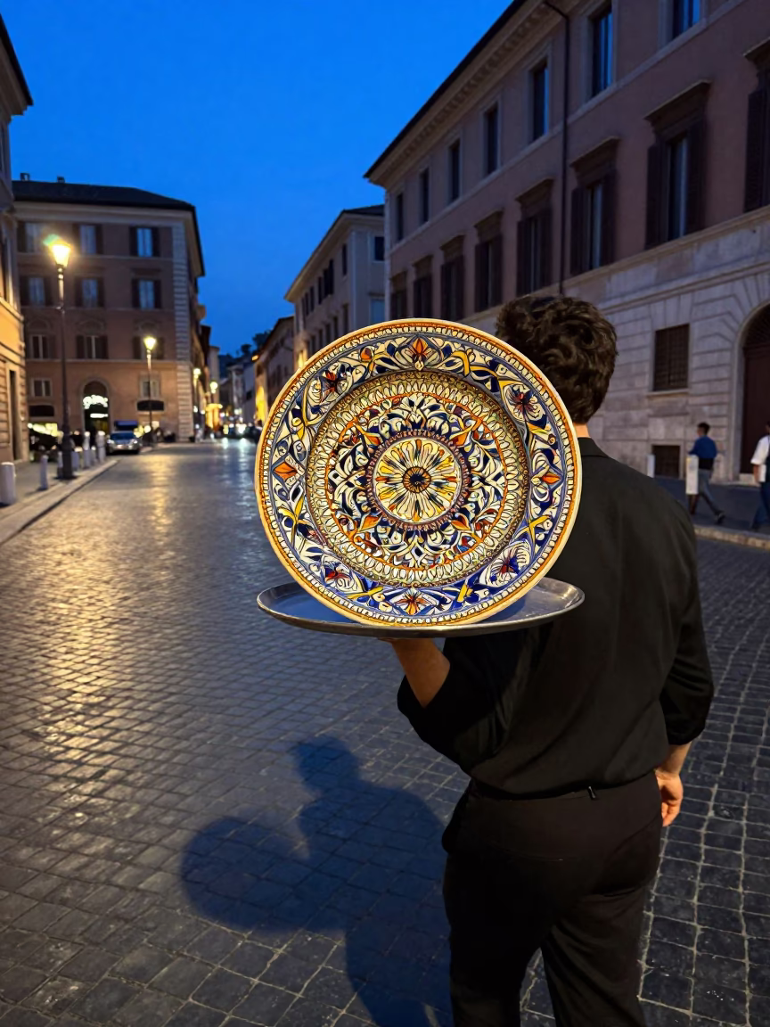 Twilight Street Scene in Rome Italy with Vintage Italian Majolica Plate and Urban Life in in Rome, Italy