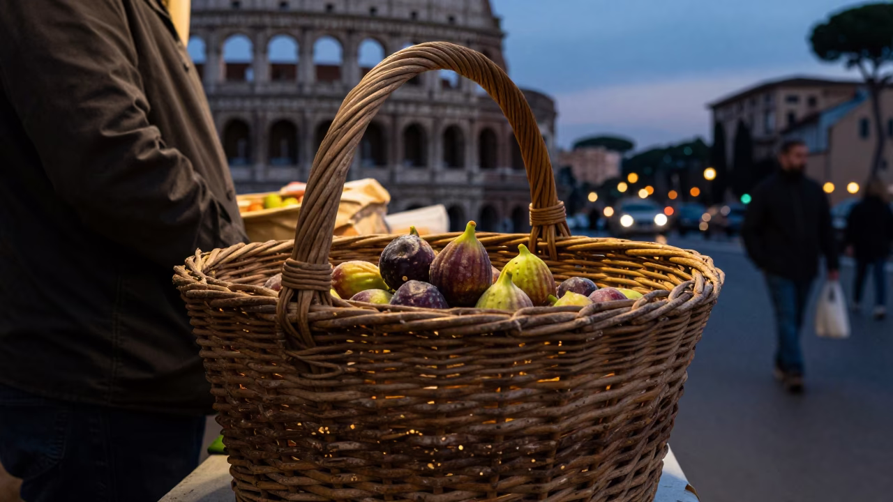 Twilight Street Scene in Rome Italy with Vintage Wicker Basket and Cobblestone in in Rome, Italy